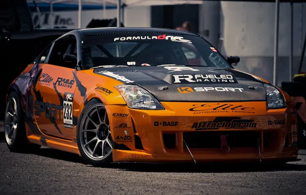 Оранжевый, Nissan, 350Z, orange, наклейки, карбоновый капот, деколи, лейблы