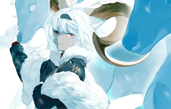 Девушка, снег, фэнтези, рога, олени, ушки, Carnelian, Arknights