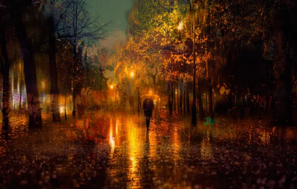Осень, девушка, город, огни, зонтик, дождь, вечер, Санкт-Петербург