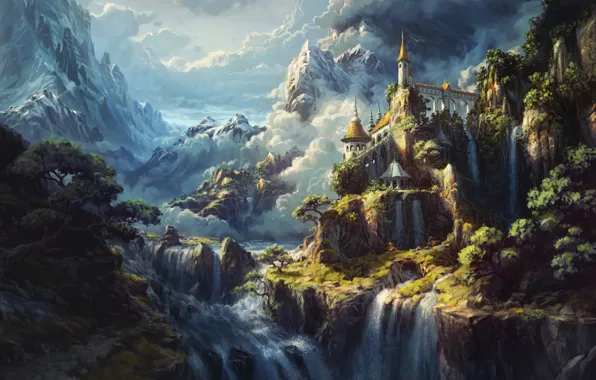 Картинка облака, горы, замок, водопад, фэнтези