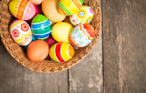 Картинка корзина, colorful, Пасха, happy, wood, spring, Easter, eggs