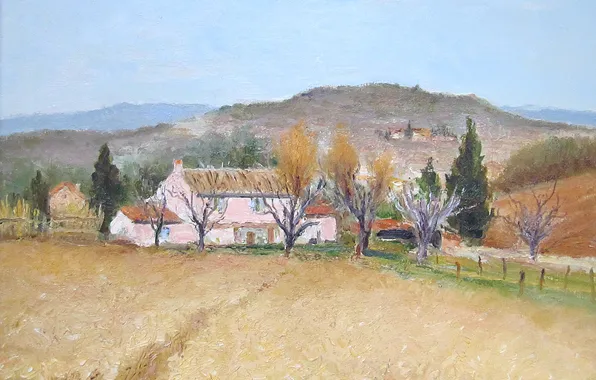Картинка поле, пейзаж, горы, картина, Марсель Диф, Розовый дом в Провансе