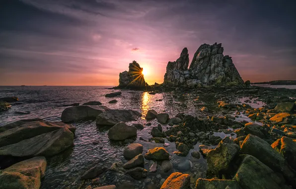 Море, небо, солнце, облака, свет, закат, камни, скалы