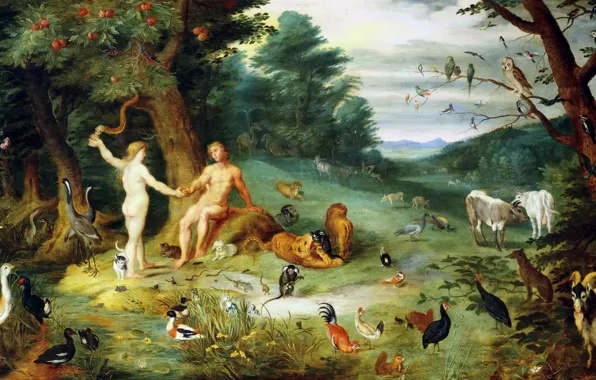 Картинка рай, картина, мифология, Ян Брейгель младший, Искушение Адама