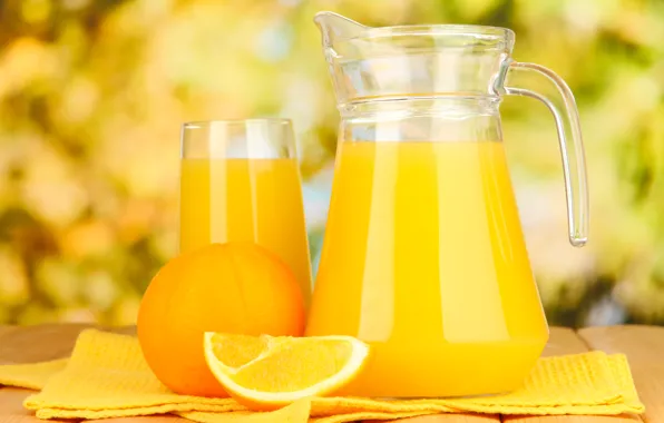 Картинка стакан, стол, апельсин, сок, кувшин, фрукты, цитрусы