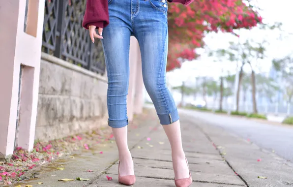 Asian, Model, Flowers, Street, Denim, Woman, Road, Jeans