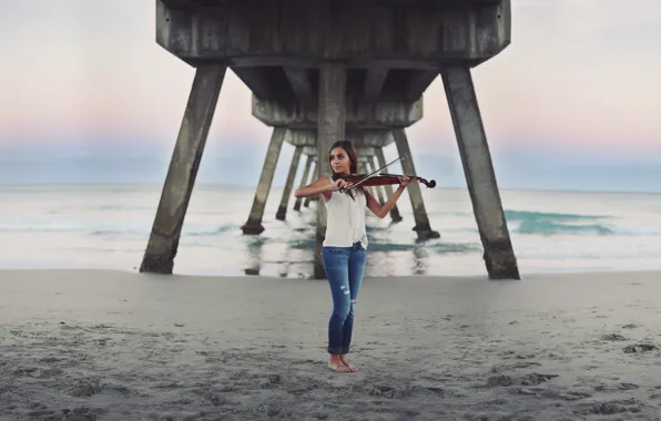 Картинка море, девушка, мост, музыка, скрипка