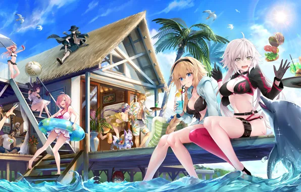 Girl, game, happy, beach, sky, mecha, sea, girls