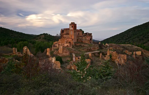 Горы, природа, замок, холм, руины, архитектура, старинный, возвышенность