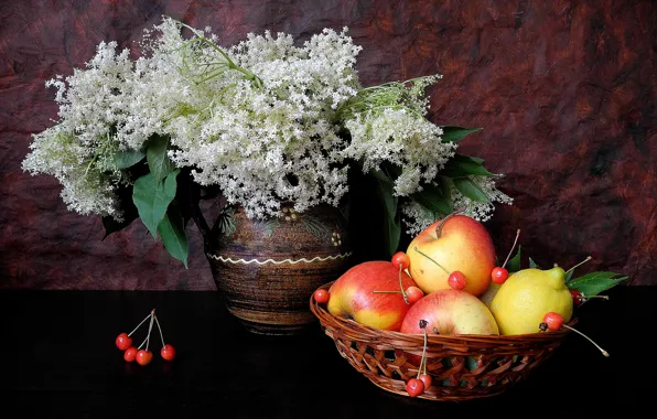 Цветы, лимон, яблоко, ваза, фрукты, натюрморт, черешня