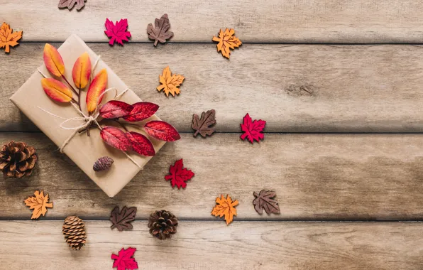 Осень, листья, фон, дерево, colorful, шишки, wood, background