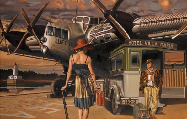 Машина, самолет, зонтик, женщина, рисунок, спина, шляпа, мужчина