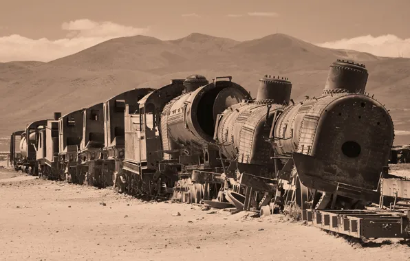 Пустыня, поезд, вагоны, развалины