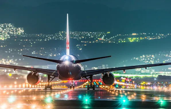 Ночь, огни, Япония, аэропорт, самолёт, Осака