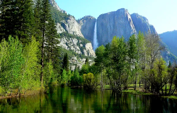 Картинка лес, небо, деревья, горы, скала, река, Yosemite, National Park
