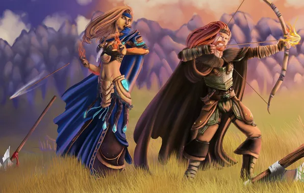 Картинка поле, трава, девушка, горы, оружие, огонь, лук, World of Warcraft