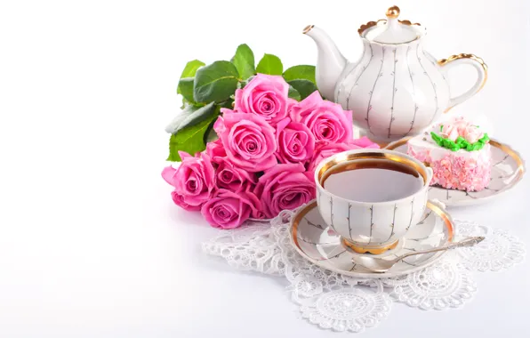 Картинка цветы, чай, сладость, розы, букет, чайник, чашка, напиток