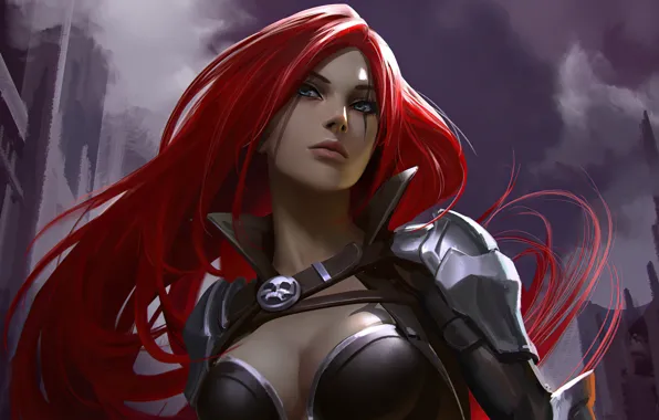 Небо, игра, game, голубые глаза, красивая девушка, League of Legends, Katarina, красные волосы