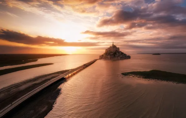 Пейзаж, закат, Mont Saint Michel