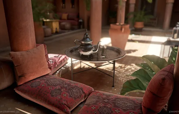 Подушки, чайник, колонны, столик, Moroccan Courtyard
