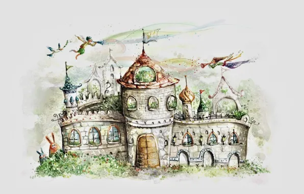 Замок, рисунок, сказка, ворота, флаг, эльфы, серый фон, шпили
