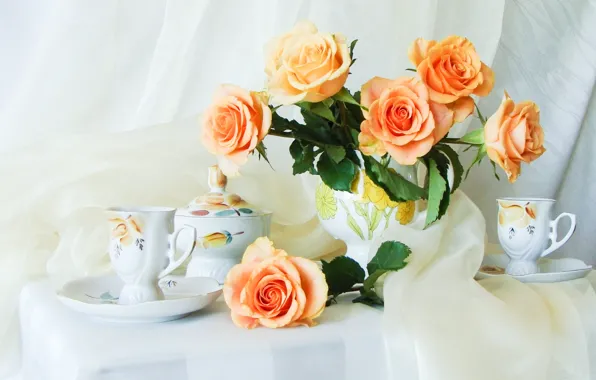 Картинка цветок, цветы, стол, розы, букет, шелк, чайник, чашки