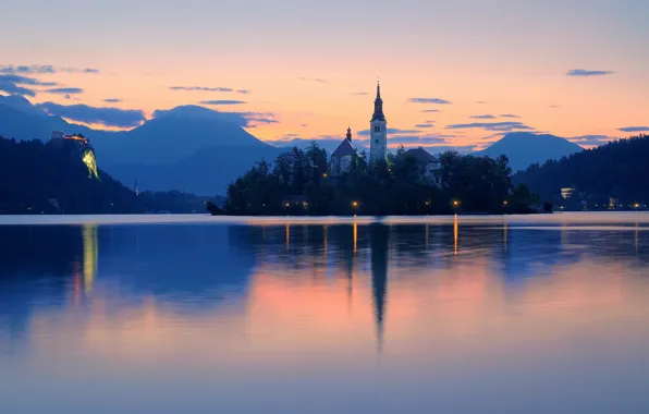 Картинка озеро, рассвет, утро, Словения, Блед
