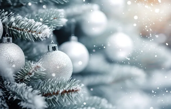 Украшения, фон, шары, елка, Новый Год, Рождество, white, new year