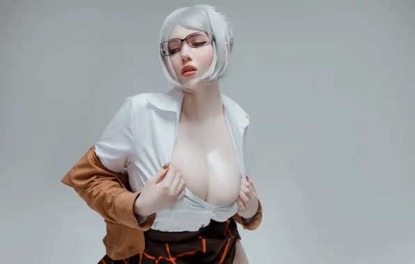 Cleavage, model, women, glasses, big boobs, red lipstick, white shirt, women with glasses