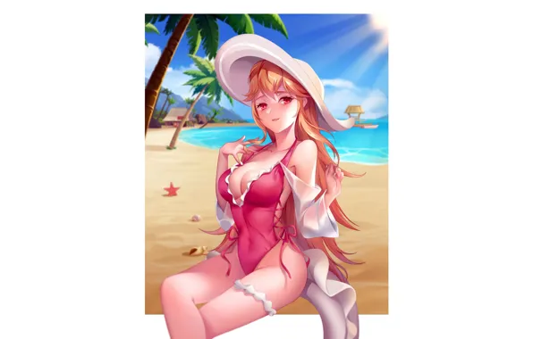 Girl, sexy, cleavage, beach, long hair, sea, boobs, anime