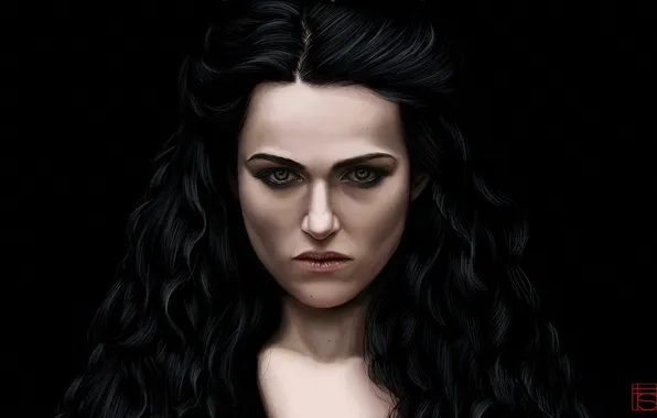 Картинка девушка, лицо, темный фон, арт, Morgana, Merlin, Katie Mcgrath