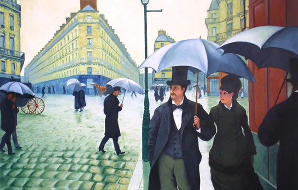 Картинка люди, улица, дома, картина, зонт, городской пейзаж, Gustave Caillebotte, Paris street Rainy Day