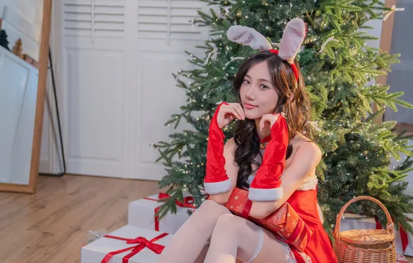 Beautiful, Christmas, Asian, Model, Tree, Smile, Woman, Festival