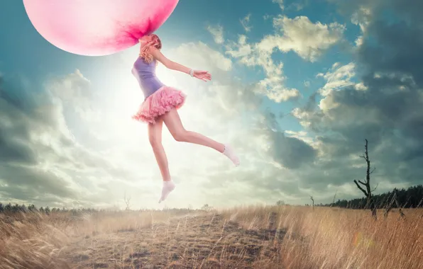 Картинка девушка, шар, полёт, пузырь, жевательная резинка