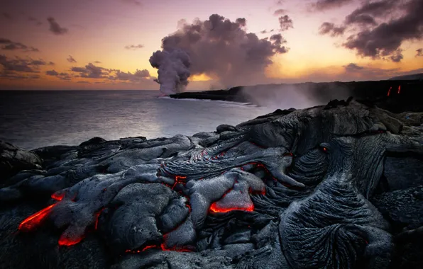 Море, пейзаж, дым, Гавайи, пар, лава, США, Гавайский вулканический национальный парк