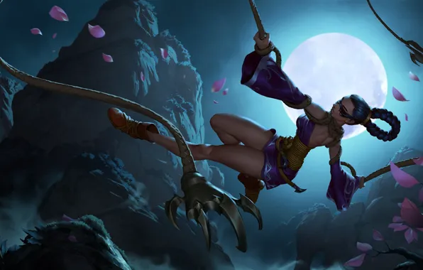 Девушка, ночь, луна, канат, верёвка, Legends of Runeterra