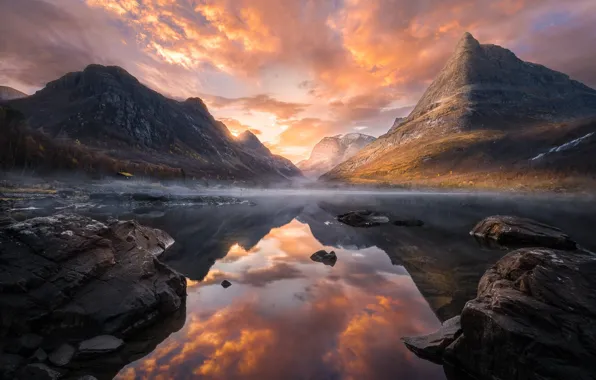 Картинка облака, свет, отражения, горы, Норвегия, фьорд