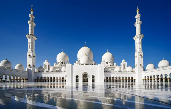 Картинка небо, отражение, мечеть, Abu Dhabi, ОАЭ, Мечеть шейха Зайда, Абу-Даби, UAE