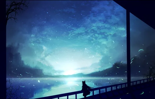 Ночь, силуэт, девочка, Touhou, Тоухоу