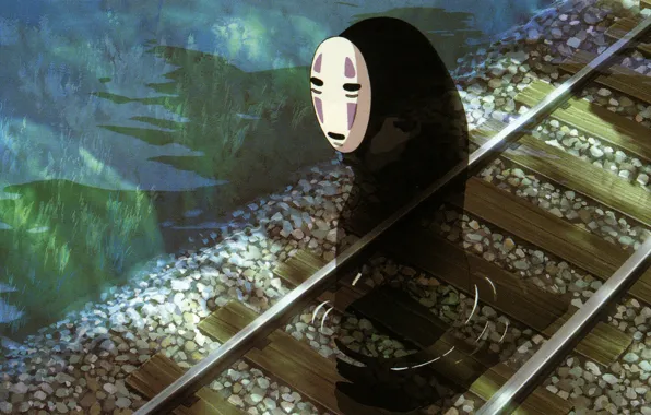 Вода, рельсы, маска, spirited away, унесенные призраками, камешки, безликий, насыпь