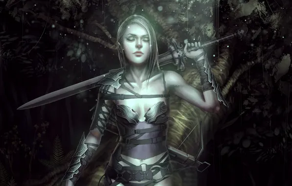 Картинка лес, девушка, меч, арт, sword, forest, woman, slayer