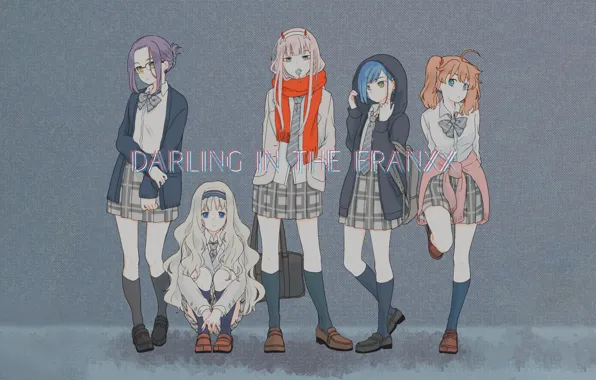 Картинка девушки, аниме, серый фон, Darling in the frankxx