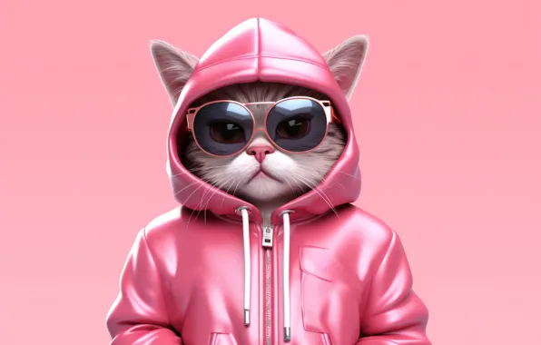 Кошка, кот, взгляд, поза, серый, розовая, очки, куртка