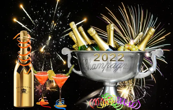 Картинка Часы, Бутылка, Салют, Новый год, Чёрный фон, Фейерверк, Бакалы, Шампанское
