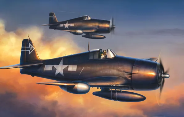 Картинка рисунок, США, Grumman, палубный истребитель, F6F-5N Hellcat, Хеллкэт