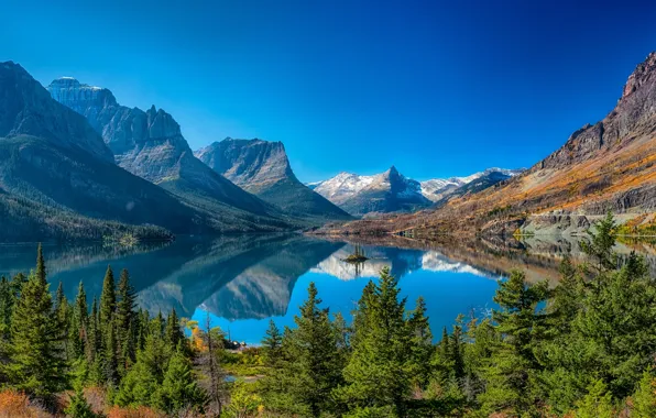 Деревья, горы, озеро, отражение, Монтана, Glacier National Park, Saint Mary Lake, Скалистые горы