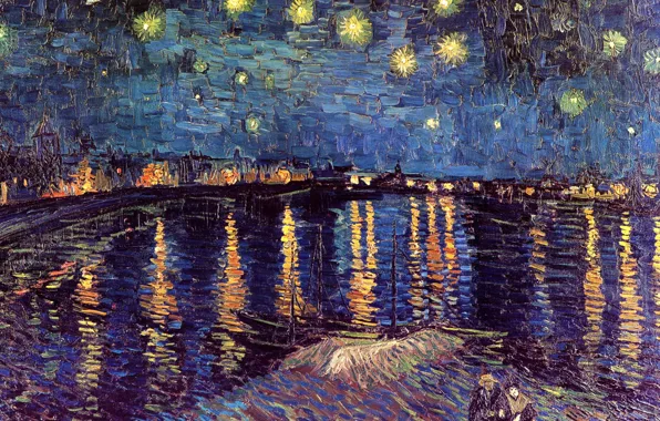 Картинка ночь, река, лодки, фонари, пара, Винсент ван Гог, Starry Night, Over the Rhone