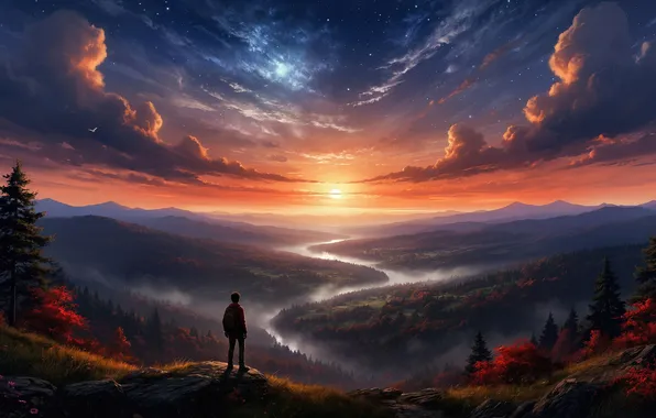 Картинка облака, закат, горы, река, долина, путник, digital art, фантастический пейзаж