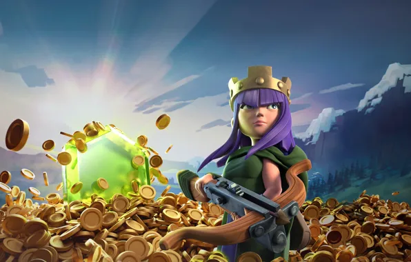 Game, gold, Queen, crown, bow, arrow, Archer, montain