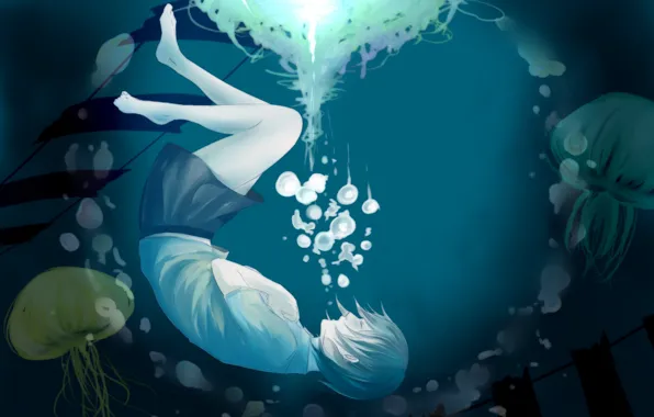 Девушка, пузыри, аниме, арт, медузы, под водой, sachi, cmas125